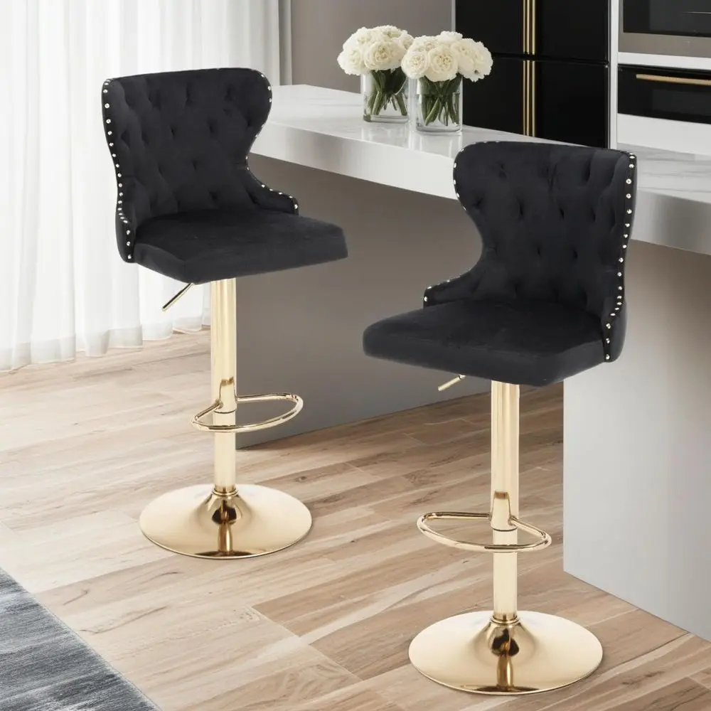of 2 Adjustable Swivel Bar Stools,Velvet Upholstered Counter Height Chairs with Nailhead Trim, Gold Metal Legs and Footrest,Hig
of 2 Adjustable Swivel Bar Stools,Velvet Upholstered Counter Height Chairs with Nailhead Trim, Gold Metal Legs and Footrest,Hig