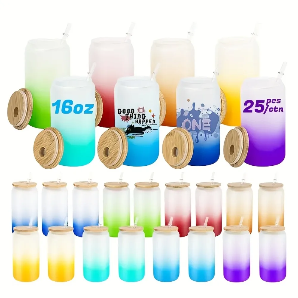 25pcs Pack 16oz Sublimation Gradient Glass Tumbler Blanks Ombre Frosted Glass Cups with Bamboo Lid And Plastic Straw Mixed 8 Colors
25pcs Pack 16oz Sublimation Gradient Glass Tumbler Blanks Ombre Frosted Glass Cups with Bamboo Lid And Plastic Straw Mixed 8 Colors
