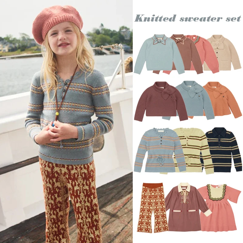 Children's sweater autumn and winter MP foreign trade style girls' retro style bow pullover knitted cardigan long pants set
Children's sweater autumn and winter MP foreign trade style girls' retro style bow pullover knitted cardigan long pants set