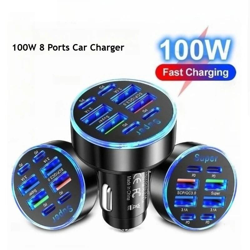 100W 8 Ports Car Charger Fast Charging PD QC3.0 USB C Car Phone Charger Type C Adapter in Car For Samsung Huawei Google iPhone
100W 8 Ports Car Charger Fast Charging PD QC3.0 USB C Car Phone Charger Type C Adapter in Car For Samsung Huawei Google iPhone