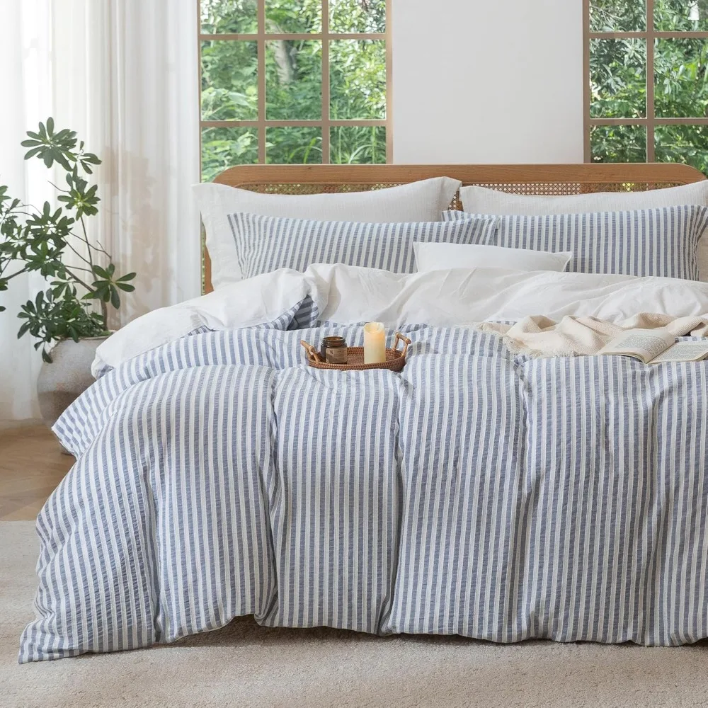Soft Blue Striped Cotton Duvet Cover Set - Bohemian Style Jacquard Textured Comforter Cover with Zipper, 3 Piece, 90x90
Soft Blue Striped Cotton Duvet Cover Set - Bohemian Style Jacquard Textured Comforter Cover with Zipper, 3 Piece, 90x90