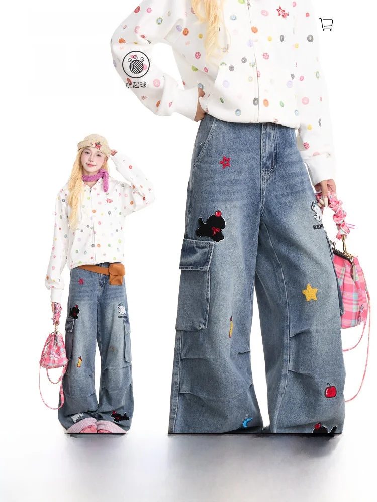 NERESUM Cartoon Embroidered Workwear Denim Pants Women's Retro Plaid Cuffed Straight Leg American Folded Wide Leg Pants
NERESUM Cartoon Embroidered Workwear Denim Pants Women's Retro Plaid Cuffed Straight Leg American Folded Wide Leg Pants