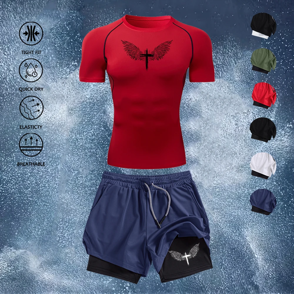 Men's 2Pcs Workout Outfit Tight Fit Cross Wings Print Quick Dry Compression T-Shirt + Double Layer Running Shorts Gym Training
Men's 2Pcs Workout Outfit Tight Fit Cross Wings Print Quick Dry Compression T-Shirt + Double Layer Running Shorts Gym Training