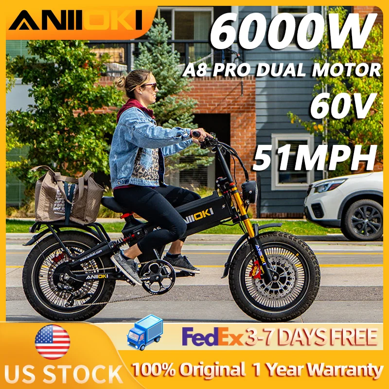 2026 6000W Dual Motor 51mph ANIIOKI Electric Bike 60V 70Ah Electric Bicycle Air fork A8 Pro Max AWD 20"*4" Fat Tires Ebike
2026 6000W Dual Motor 51mph ANIIOKI Electric Bike 60V 70Ah Electric Bicycle Air fork A8 Pro Max AWD 20"*4" Fat Tires Ebike