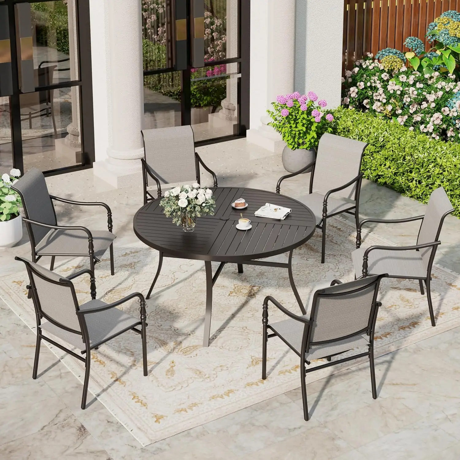 6pc All-Weather Textilene Patio Dining Set Gourd Armrest Round Umbrella Hole Table Metal Frame Outdoor Garden, Customized
6pc All-Weather Textilene Patio Dining Set Gourd Armrest Round Umbrella Hole Table Metal Frame Outdoor Garden, Customized