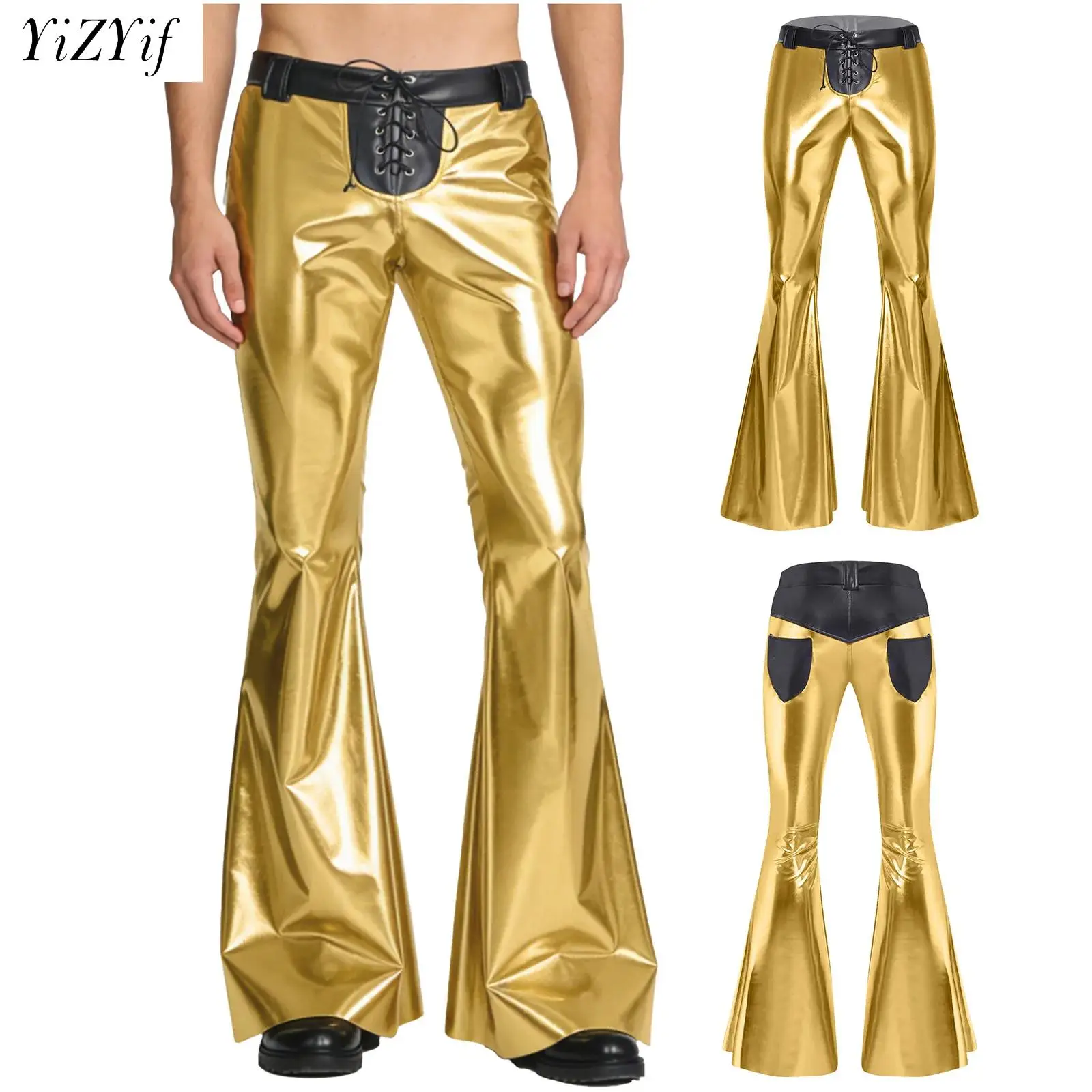 Mens Metallic Shiny Vintage Disco Cowboy Flared Pants Lacing Waist Bell Bottom Pants Trousers for Nightclub Party Jazz Dance
Mens Metallic Shiny Vintage Disco Cowboy Flared Pants Lacing Waist Bell Bottom Pants Trousers for Nightclub Party Jazz Dance