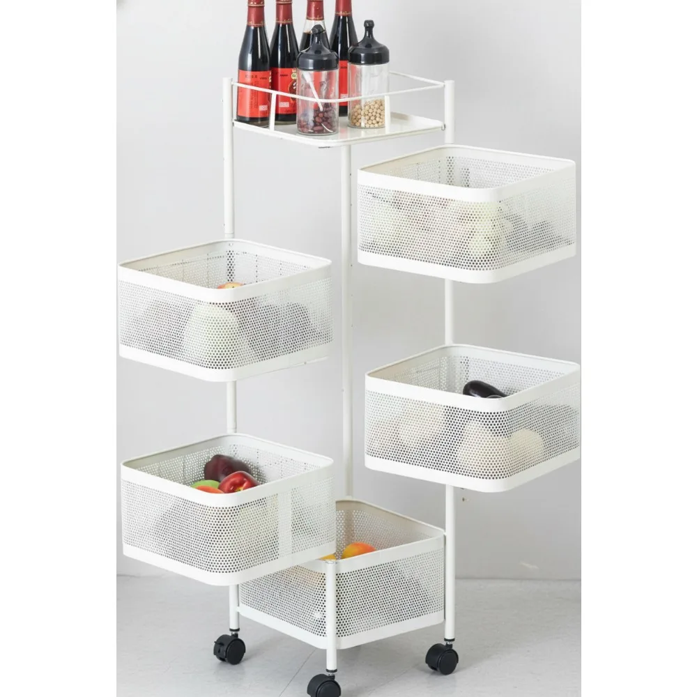 5-Tier Rotating Kitchen Storage Cart with Wheels, White Metal Rolling Rack for Fruits Vegetables Snacks
5-Tier Rotating Kitchen Storage Cart with Wheels, White Metal Rolling Rack for Fruits Vegetables Snacks