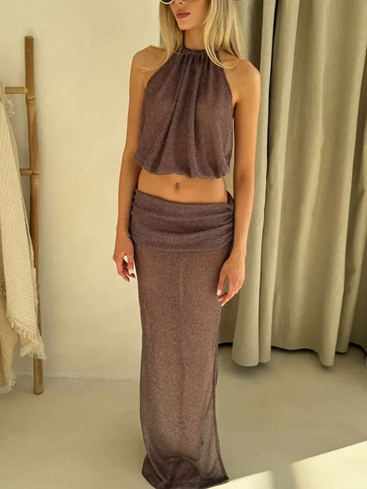 Women Skirts Suit Sexy See through Sleeveless Backless Halter Tank Top High Waist Hip Package Pleated Skirt Sets Lady Outfits
Women Skirts Suit Sexy See through Sleeveless Backless Halter Tank Top High Waist Hip Package Pleated Skirt Sets Lady Outfits