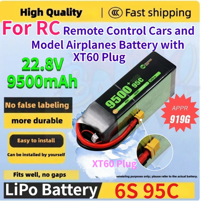 New 22.8V 9500mAh 6S 95C Rechargeable Lipo Battery for RC Remote Control Cars and Model Airplanes Battery with XT60 Plug Replace
New 22.8V 9500mAh 6S 95C Rechargeable Lipo Battery for RC Remote Control Cars and Model Airplanes Battery with XT60 Plug Replace
