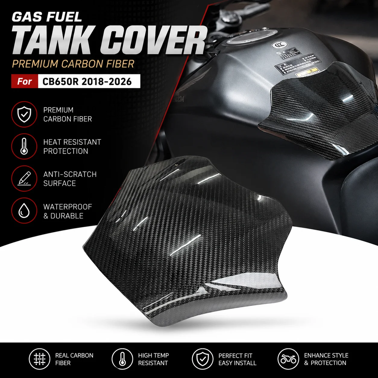 Carbon Fibre Motorcycle Gas Fuel Tank Protection Cover for HONDA CB650R 2018-2026
Carbon Fibre Motorcycle Gas Fuel Tank Protection Cover for HONDA CB650R 2018-2026