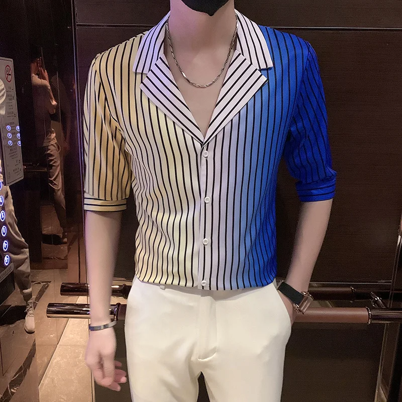 Gradient Striped Shirts Men Half Sleeve Slim Casual Shirt Fashion Large Lapel Streetwear Social Party Nightclub Tops 2024
Gradient Striped Shirts Men Half Sleeve Slim Casual Shirt Fashion Large Lapel Streetwear Social Party Nightclub Tops 2024