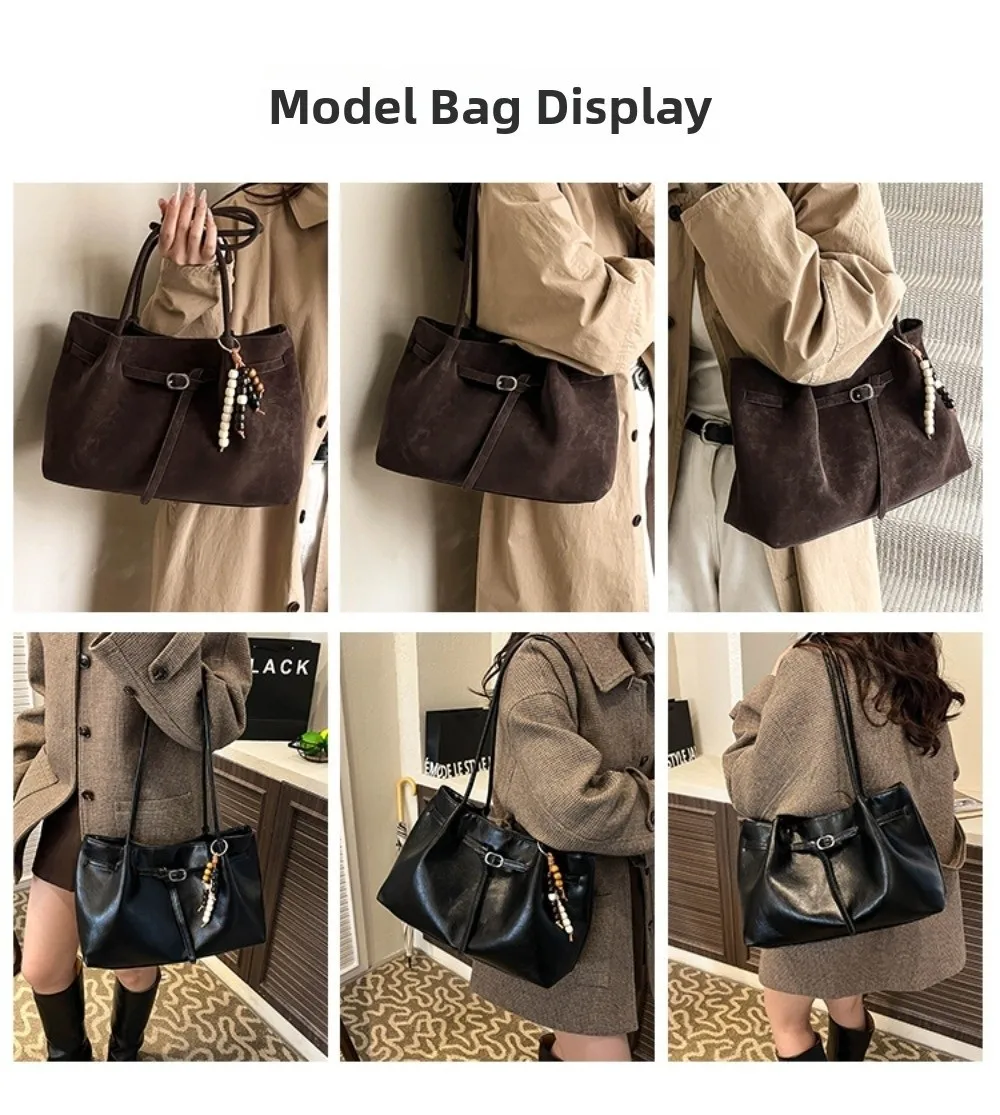 Suede/PU Leather Shoulder Bag Retro Elegant Handbag Large Capacity Solid Color Commuting Tote Bag School/Travel/Work Suede/PU Leather Shoulder Bag Retro Elegant Handbag Large Capacity Solid Color Commuting Tote Bag School/Travel/Work