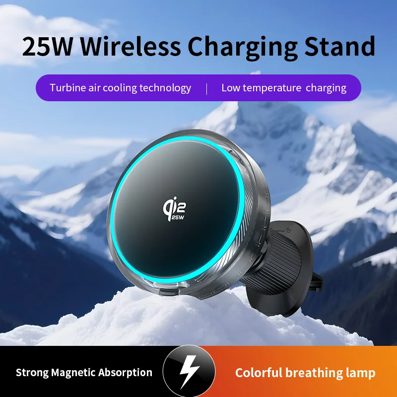 Qi2 25W Air‑Cooled MagSafe Car Charger – RGB Light, N52 Suction, Turbofan Cooling, 360° Rot for iPhone 12‑17 & Android
Qi2 25W Air‑Cooled MagSafe Car Charger – RGB Light, N52 Suction, Turbofan Cooling, 360° Rot for iPhone 12‑17 & Android