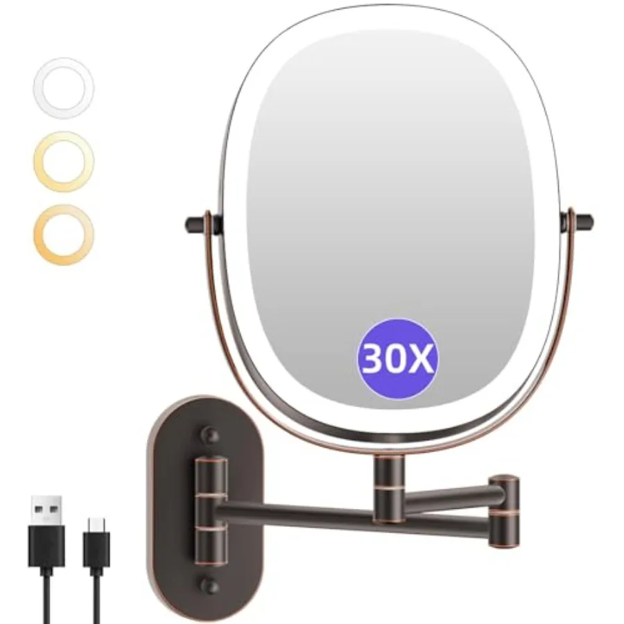 30X/1X Wall Mounted Lighted Makeup Mirror, 5000mAh Rechargeable Double Sided Magnifying Bathroom Mirror, 3 Color Modes Touch Di
30X/1X Wall Mounted Lighted Makeup Mirror, 5000mAh Rechargeable Double Sided Magnifying Bathroom Mirror, 3 Color Modes Touch Di