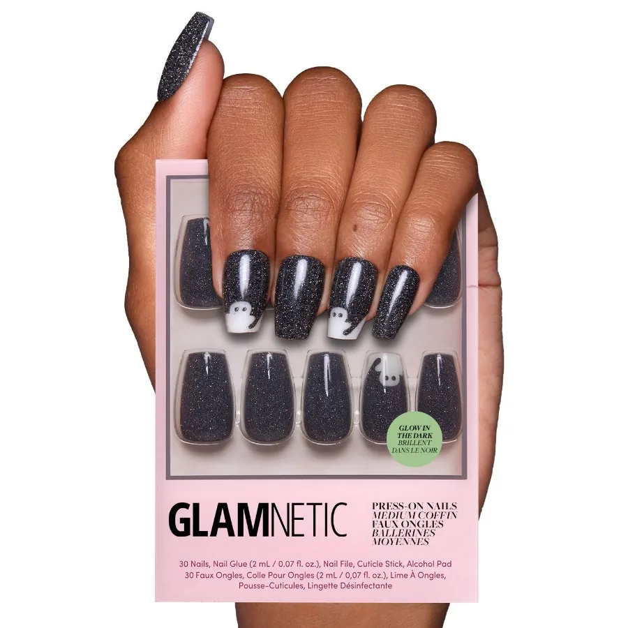 Press On Nails for Evening Parties and Photo Shoots Opaque Black Glitter with GlowintheDark Ghost Effect Medium Coffin Shape Re
Press On Nails for Evening Parties and Photo Shoots Opaque Black Glitter with GlowintheDark Ghost Effect Medium Coffin Shape Re