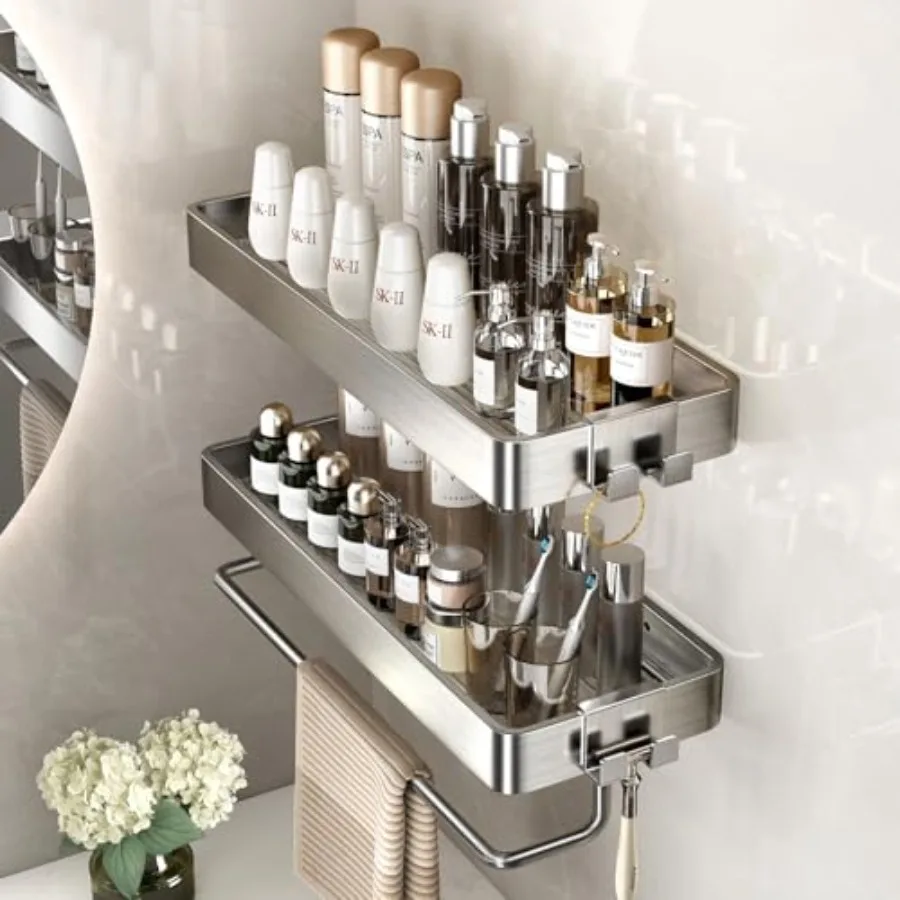 Stainless Steel Wall Mounted Bathroom Shelves - 2-Tier Floating Shelf with Removable Hooks Brushed Nickel
Stainless Steel Wall Mounted Bathroom Shelves - 2-Tier Floating Shelf with Removable Hooks Brushed Nickel
