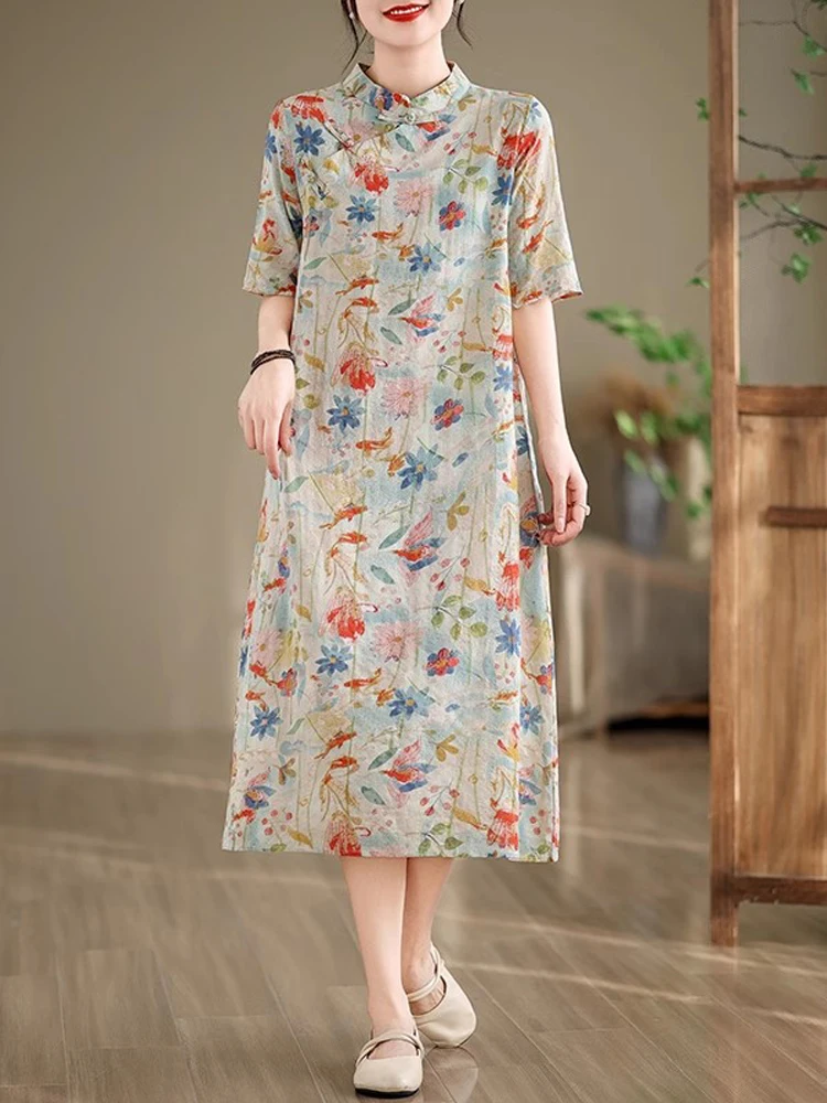Chinese Style Vintage Floral Print Stand Collar Cheongsam 2025 New Summer Slant Opening Women Midi Dress Woman Clothing
Chinese Style Vintage Floral Print Stand Collar Cheongsam 2025 New Summer Slant Opening Women Midi Dress Woman Clothing