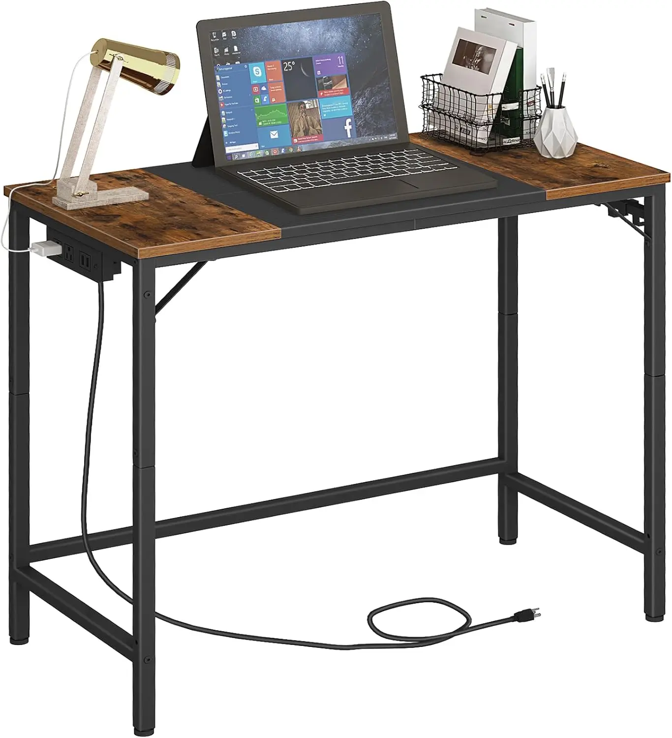Modern Home Office Desk with Power Outlet, 3 Hooks & Adjustable Feet - Easy Assembly, Rustic Brown & Black
Modern Home Office Desk with Power Outlet, 3 Hooks & Adjustable Feet - Easy Assembly, Rustic Brown & Black