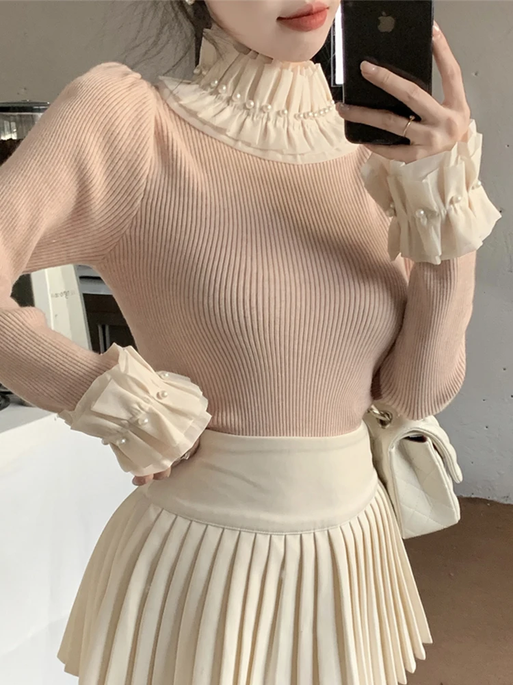Spring 2024 Vintage Turtleneck Ruffled Ruched Sweater Women Pearl Beading Slim Sweet Pullover Tops Long Sleeve 312902
Spring 2024 Vintage Turtleneck Ruffled Ruched Sweater Women Pearl Beading Slim Sweet Pullover Tops Long Sleeve 312902