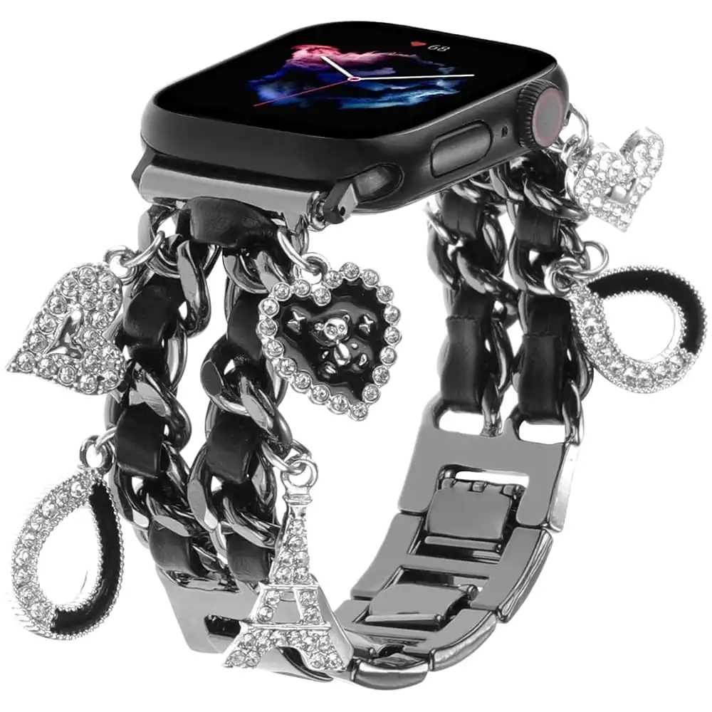 1pc Black Leather Chain Watch Band With Heart Pendant, Zinc Alloy Strap, Size 38/40/41/42mm, 42/44/45/46/49mm, Compatible With Apple Watch Ultra 2/SE/10/9/8/7/6/5/4/3/2/1
1pc Black Leather Chain Watch Band With Heart Pendant, Zinc Alloy Strap, Size 38/40/41/42mm, 42/44/45/46/49mm, Compatible With Apple Watch Ultra 2/SE/10/9/8/7/6/5/4/3/2/1