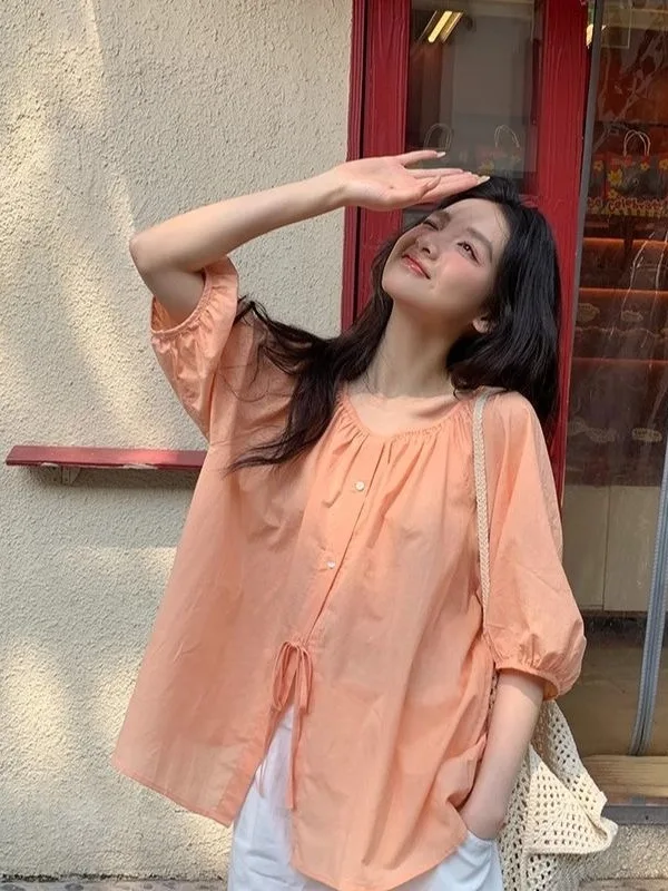 Orange Lightweight Short Sleeve Shirt Women's Loose Beautiful Summer Casual Shirt French Style Button Detail Polyester Fiber
Orange Lightweight Short Sleeve Shirt Women's Loose Beautiful Summer Casual Shirt French Style Button Detail Polyester Fiber
