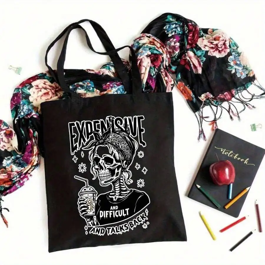 Gothic Skull Tote Bag With Expensive And Difficult To Talk Back Slogan - Unisex Canvas Statement Bag For Daily Use Travel
Gothic Skull Tote Bag With Expensive And Difficult To Talk Back Slogan - Unisex Canvas Statement Bag For Daily Use Travel