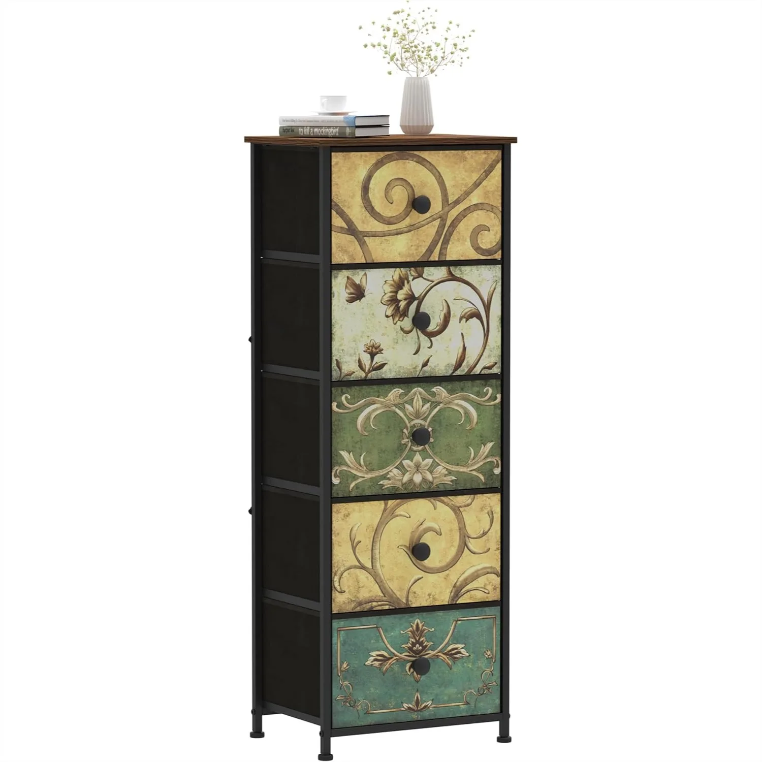 Small Dresser with Retro Flower Drawers, 5-Drawer Narrow Chest for Bedroom, Slim Nightstand Sofa End Table for Living Room
Small Dresser with Retro Flower Drawers, 5-Drawer Narrow Chest for Bedroom, Slim Nightstand Sofa End Table for Living Room
