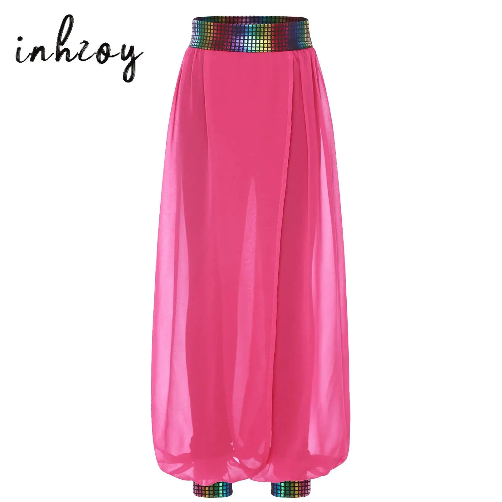 Kids Girls India Belly Dance Pants Metallic Elastic Waistband Patchwork Chiffon Pants for Jazz Dance Cheerleading Performance
Kids Girls India Belly Dance Pants Metallic Elastic Waistband Patchwork Chiffon Pants for Jazz Dance Cheerleading Performance