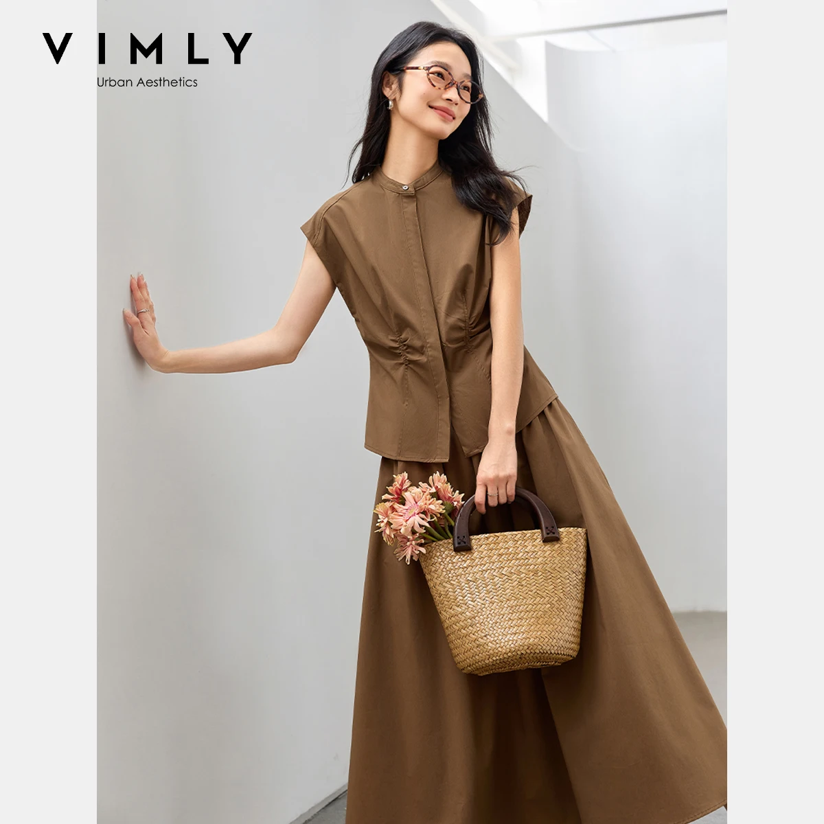 VIMLY Brown Skirt Set Vintage Woman 2 Piece Set Outfit Summer Sleeveless Ruched Round Neck Top A-line Skirts Ladies Sets M9593
VIMLY Brown Skirt Set Vintage Woman 2 Piece Set Outfit Summer Sleeveless Ruched Round Neck Top A-line Skirts Ladies Sets M9593