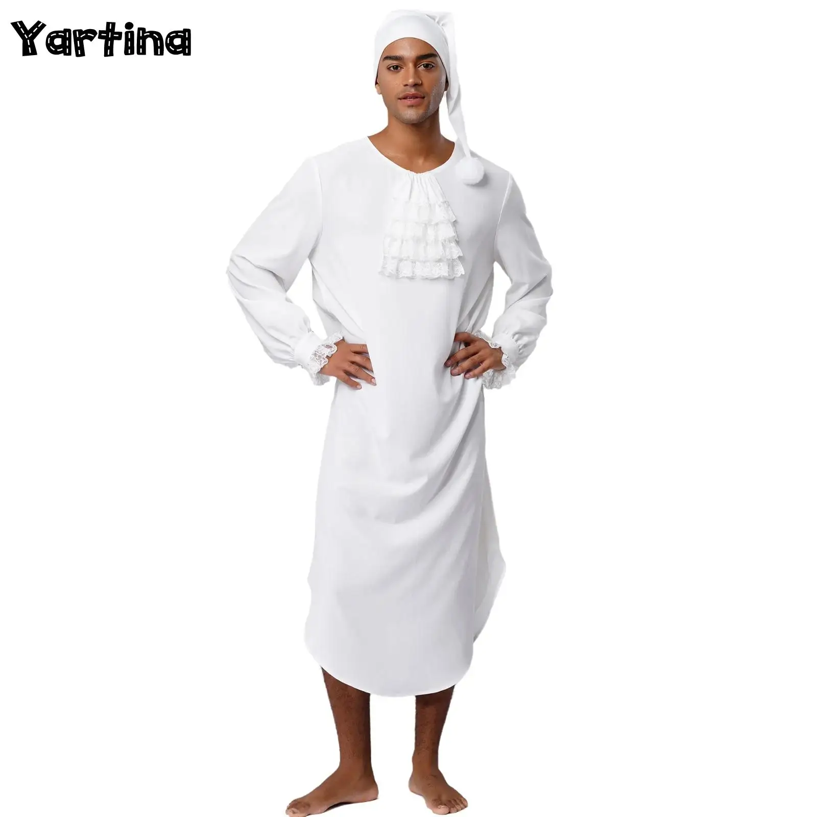 Mens Victorian Cosplay Outfits Ruffles Collar Curved Hem Night Robe with Cap Nightgown with Lace Trim Carnival Party Costume
Mens Victorian Cosplay Outfits Ruffles Collar Curved Hem Night Robe with Cap Nightgown with Lace Trim Carnival Party Costume