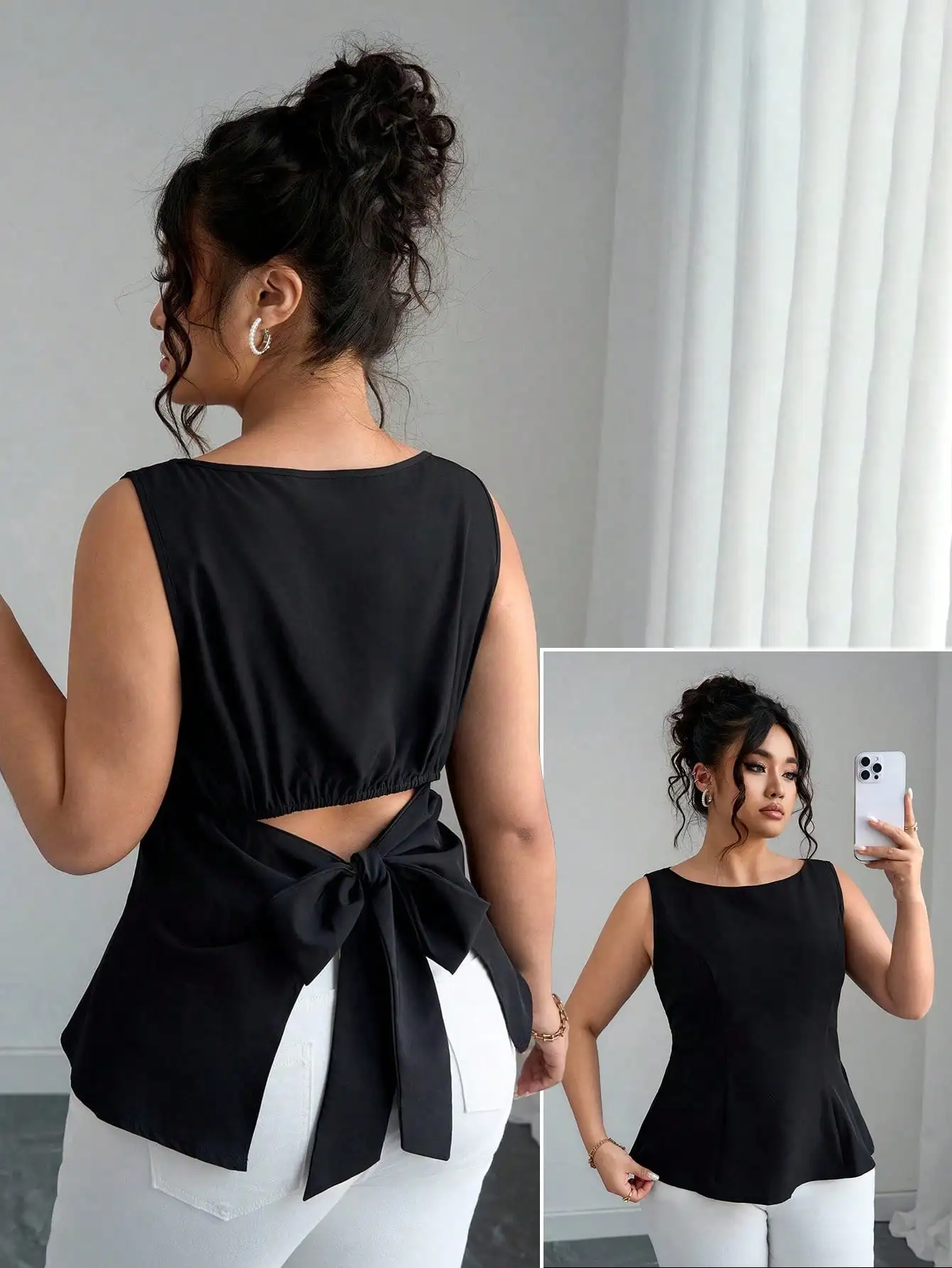 Черный топ без рукавов с пэплумом и бантом на спине для лета
Черный топ без рукавов с пэплумом и бантом на спине для лета