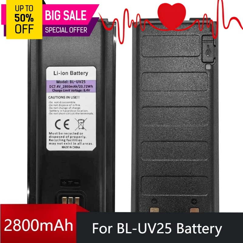 7.4V 2800mAh Walkie-Talkie Battery for Baofeng BL-UV25 UV-25L BF-X5PRO Battery Whit TYPE-C Charging Port
7.4V 2800mAh Walkie-Talkie Battery for Baofeng BL-UV25 UV-25L BF-X5PRO Battery Whit TYPE-C Charging Port