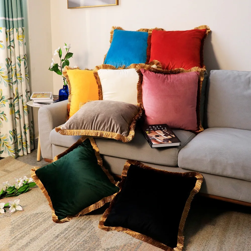 Velvet Tassels Solid Color Pillow 45x45cm European High Quality Hotel Model Room Sofa Cushion Headboard Decorative Pillow 
Velvet Tassels Solid Color Pillow 45x45cm European High Quality Hotel Model Room Sofa Cushion Headboard Decorative Pillow