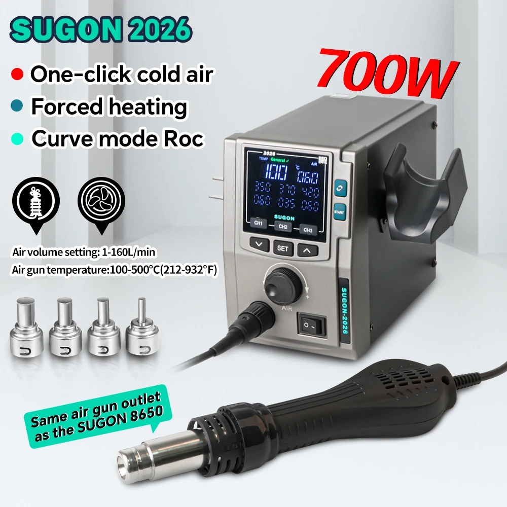 SUGON 2026 700W Soldering Station 160 Grade Airflow Hot Air Gun Electronics Rework Station Phone Repair BGA PCB SMD Solder Tools
SUGON 2026 700W Soldering Station 160 Grade Airflow Hot Air Gun Electronics Rework Station Phone Repair BGA PCB SMD Solder Tools