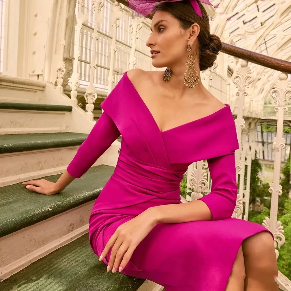 New Designer Fuchsia Mother of the Bride Dress 2025 V-Neck 3/4 Sleeves Wedding Guest Party Gowns Pleats Tea-Length De Mariage
New Designer Fuchsia Mother of the Bride Dress 2025 V-Neck 3/4 Sleeves Wedding Guest Party Gowns Pleats Tea-Length De Mariage