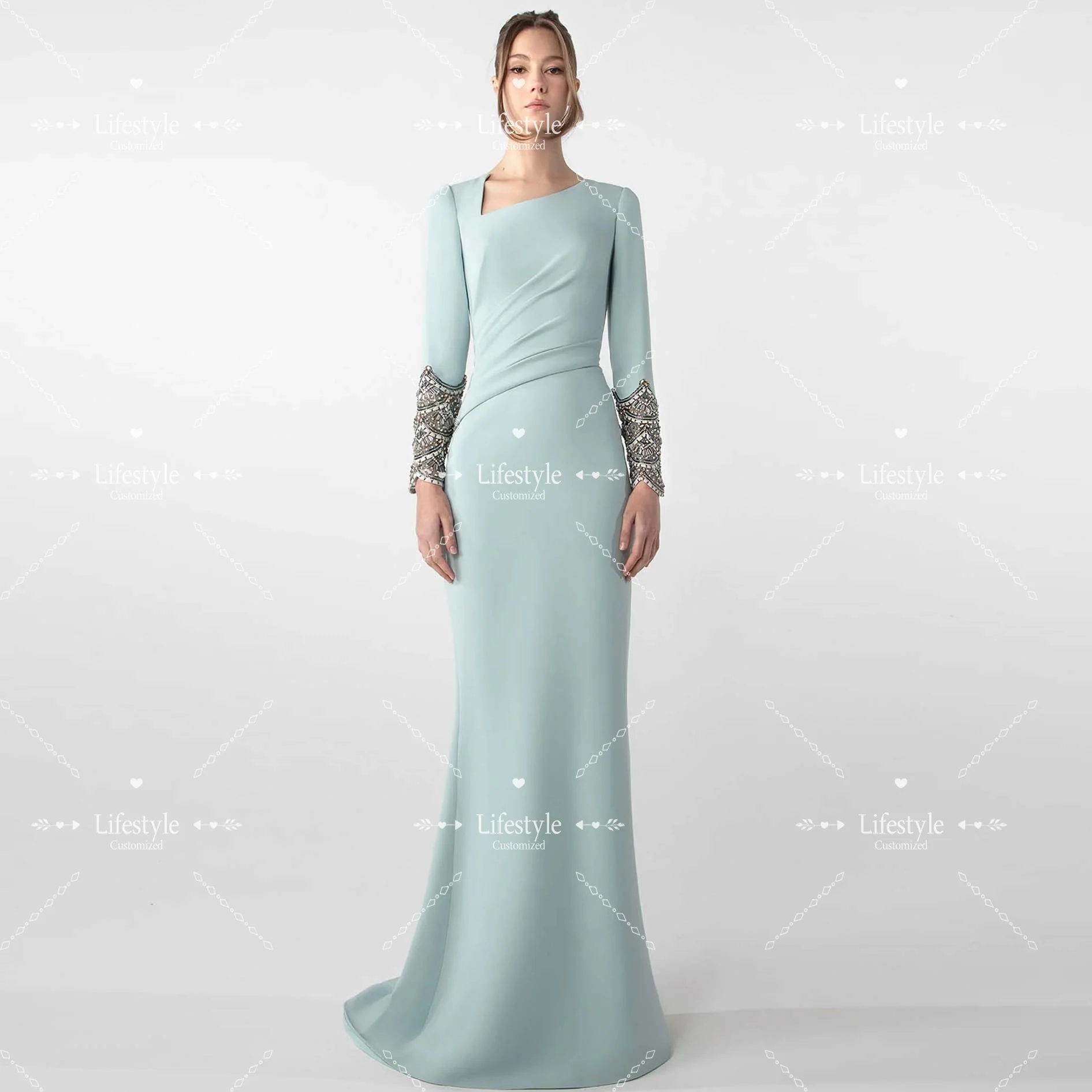 Customized Skew Collar Exquisite Beads Long Sleeves Evening Dresses for Wedding Guest Elegant Floor-Length Party Dresses
Customized Skew Collar Exquisite Beads Long Sleeves Evening Dresses for Wedding Guest Elegant Floor-Length Party Dresses