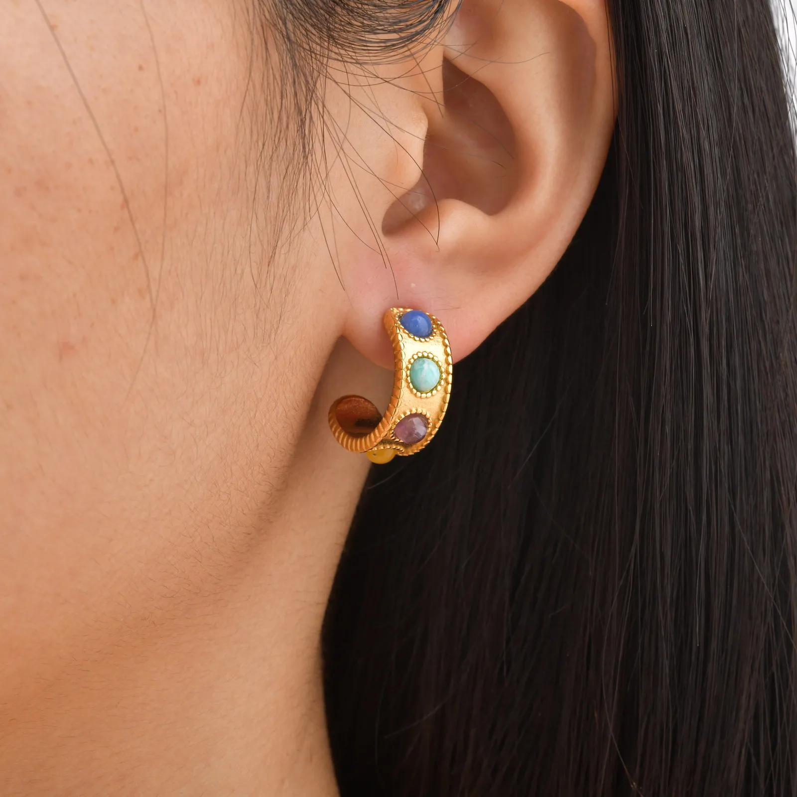 Fashion 18K Plated Gold Multi Color Natural Stone Stainless Steel C-shaped Earrings Aesthetic Luxurious Jewelry Gifts for Women
Fashion 18K Plated Gold Multi Color Natural Stone Stainless Steel C-shaped Earrings Aesthetic Luxurious Jewelry Gifts for Women