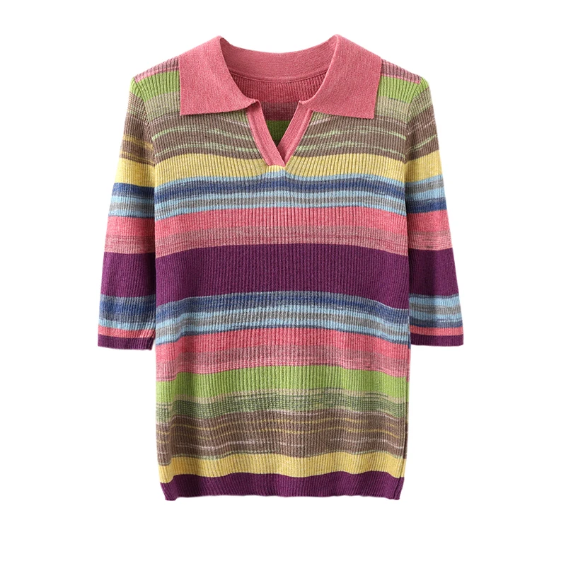 Color Striped Women's Polo Collar Knitwear Top Loose Lapel Short Sleeve Ladies Knitted Sweater T-Shirt 2025 New Summer
Color Striped Women's Polo Collar Knitwear Top Loose Lapel Short Sleeve Ladies Knitted Sweater T-Shirt 2025 New Summer