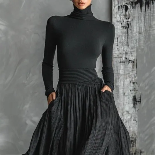 Woman Elegant For Church Dress Long Sleeve Turtleneck Pleated Skirt Midi Dress Black High Slit White Flowing Skirt Solid Color
Woman Elegant For Church Dress Long Sleeve Turtleneck Pleated Skirt Midi Dress Black High Slit White Flowing Skirt Solid Color