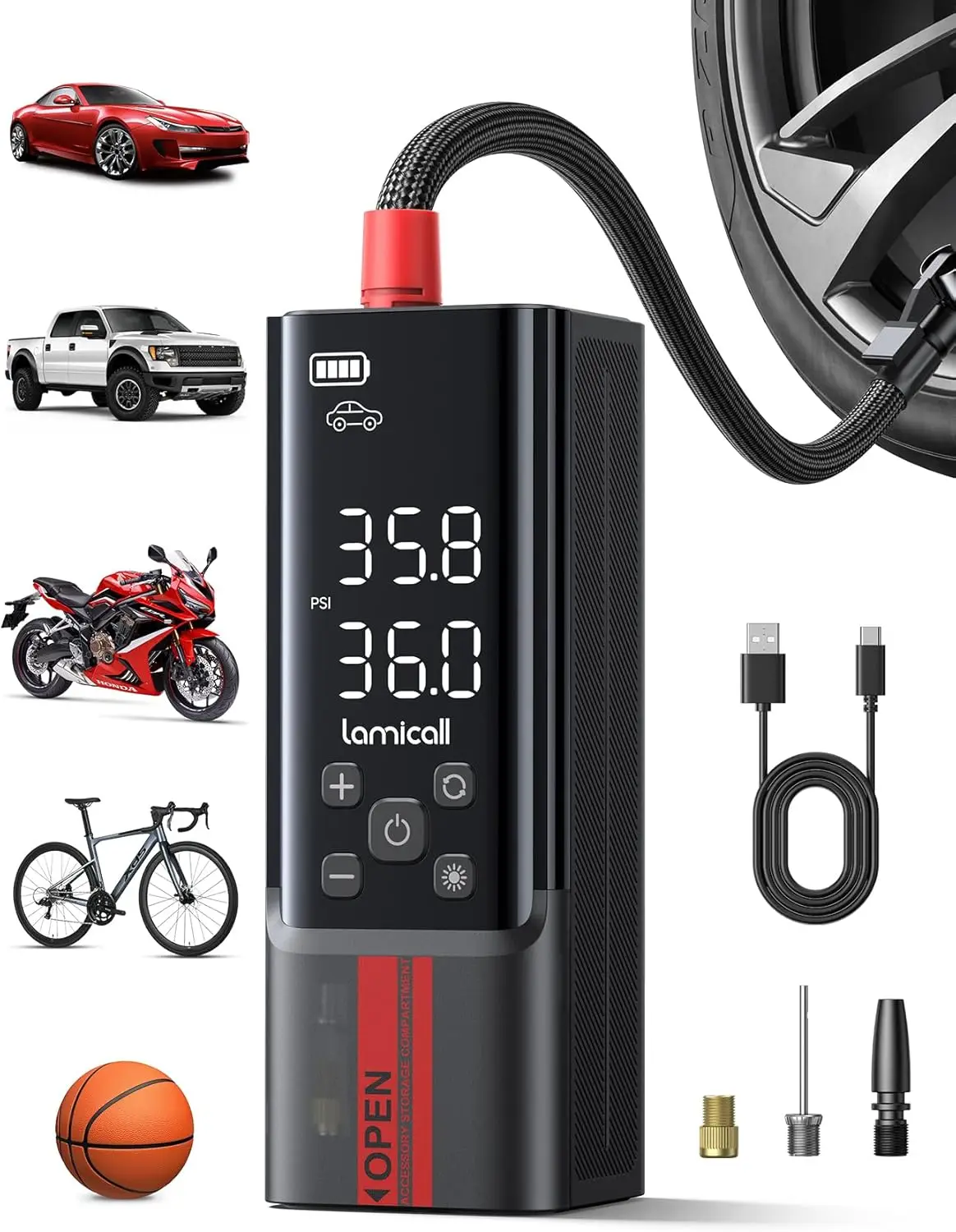 Portable Car Tire Inflator 150 PSI Air Compressor with Rechargeable Battery, Digital Gauge, LED Light, for Cars, Motorcycles, Bi
Portable Car Tire Inflator 150 PSI Air Compressor with Rechargeable Battery, Digital Gauge, LED Light, for Cars, Motorcycles, Bi