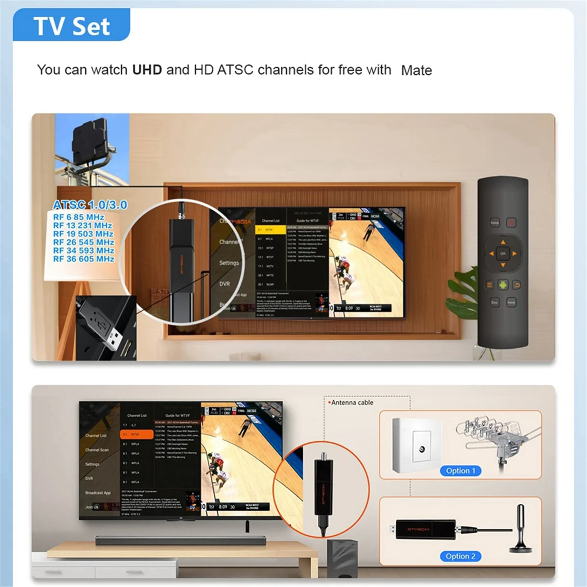 T36C HDTV Mate USB Tuner Stick ATSC 3.0 Tuner for Android 9.0+ HDTV Player, USB/TF DVR Recording
T36C HDTV Mate USB Tuner Stick ATSC 3.0 Tuner for Android 9.0+ HDTV Player, USB/TF DVR Recording