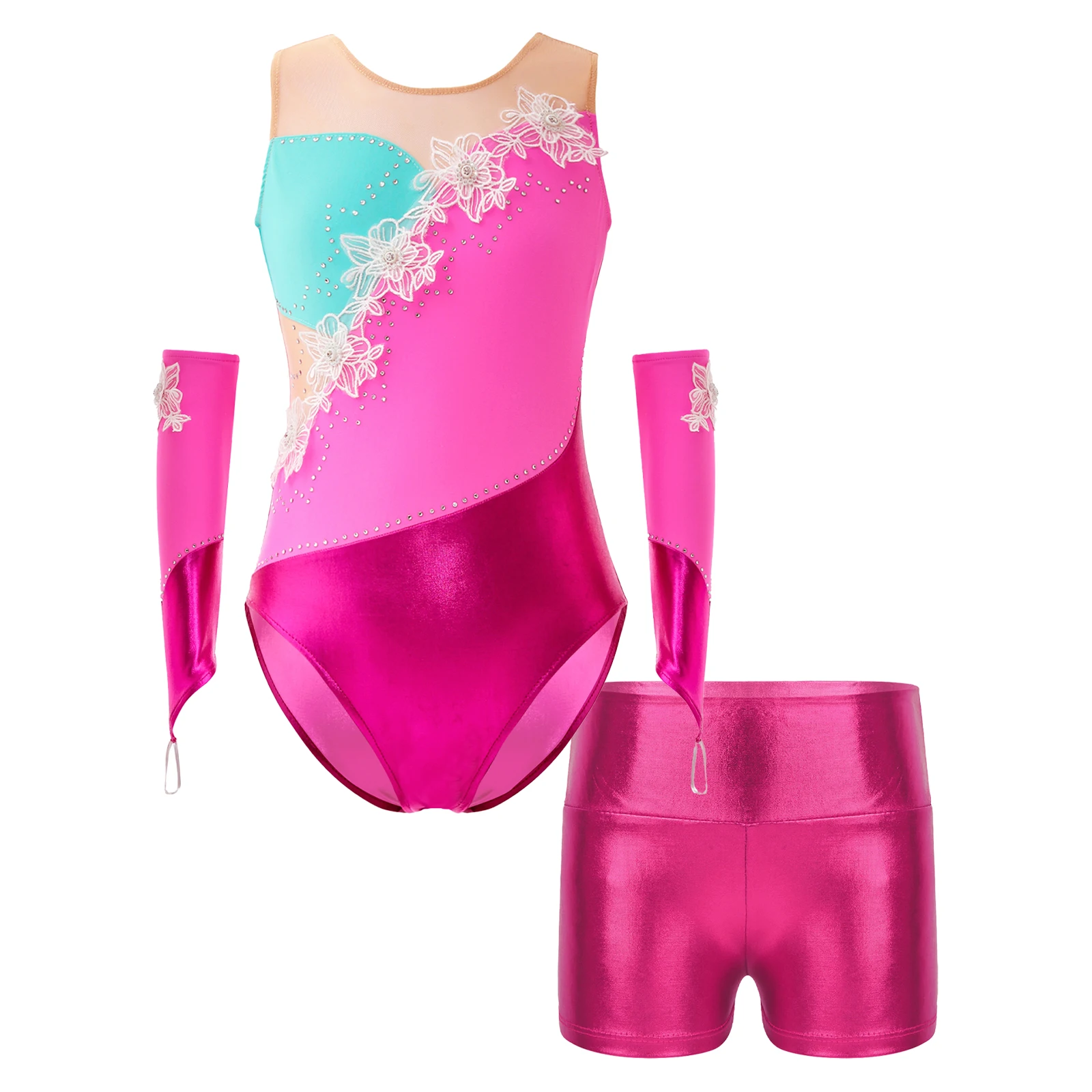 Kids Girls Gymnastics Workout Bodysuit Ballet Dancewear Sleeveless Shiny Rhinestones Flowers Leotard+Arm Sleeves+Metallic Shorts
Kids Girls Gymnastics Workout Bodysuit Ballet Dancewear Sleeveless Shiny Rhinestones Flowers Leotard+Arm Sleeves+Metallic Shorts
