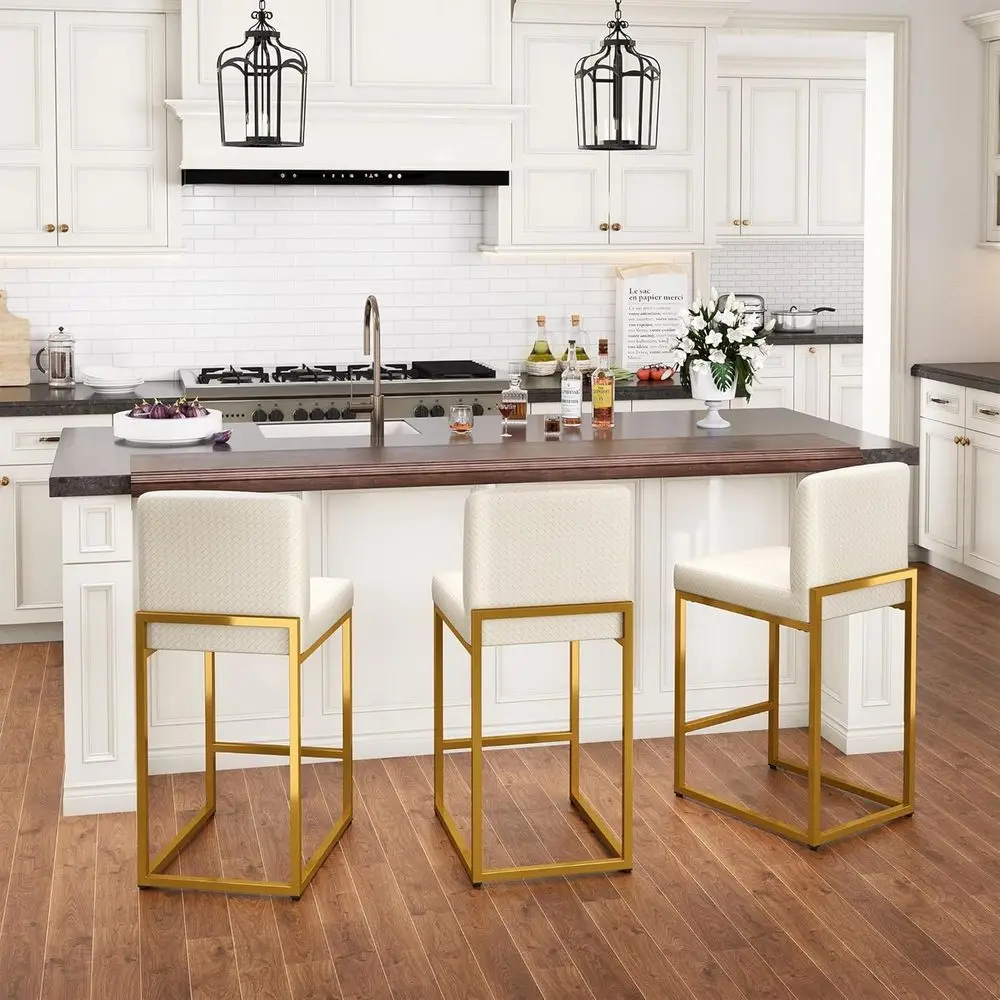 Set of 3 Counter Height Leather Bar Stools with Back, White and Gold Kitchen Counter Stools
Set of 3 Counter Height Leather Bar Stools with Back, White and Gold Kitchen Counter Stools