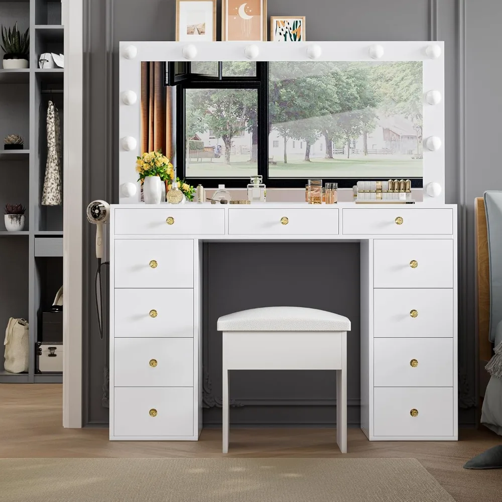 Makeup Vanity Desk with Lights, Glass Tabletop Vanity Set with 11 Deep Drawers, Power Outlet,12 Bulbs, Storage Bench
Makeup Vanity Desk with Lights, Glass Tabletop Vanity Set with 11 Deep Drawers, Power Outlet,12 Bulbs, Storage Bench