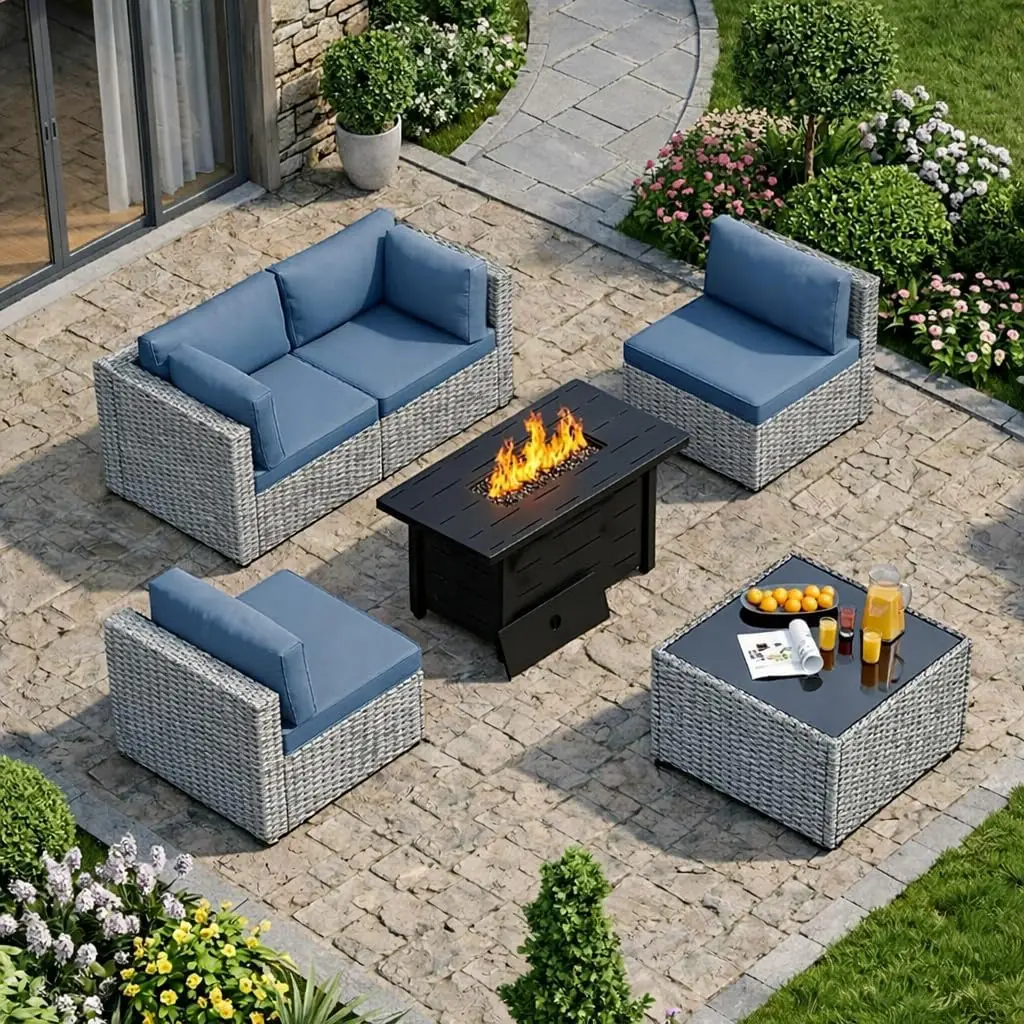 5 Piece Outdoor Patio Furniture Set with Fire Pit Table, Silver PE Rattan Wicker Conversation Sofa
5 Piece Outdoor Patio Furniture Set with Fire Pit Table, Silver PE Rattan Wicker Conversation Sofa
