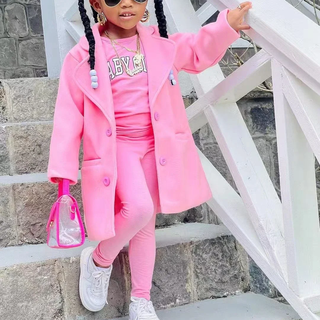 Autumn Winter Girls Lapel Pink Woolen Overcoat Long Coat + Letter Print T-shirt Tops + Pants Children's Casual Clothing Sets
Autumn Winter Girls Lapel Pink Woolen Overcoat Long Coat + Letter Print T-shirt Tops + Pants Children's Casual Clothing Sets