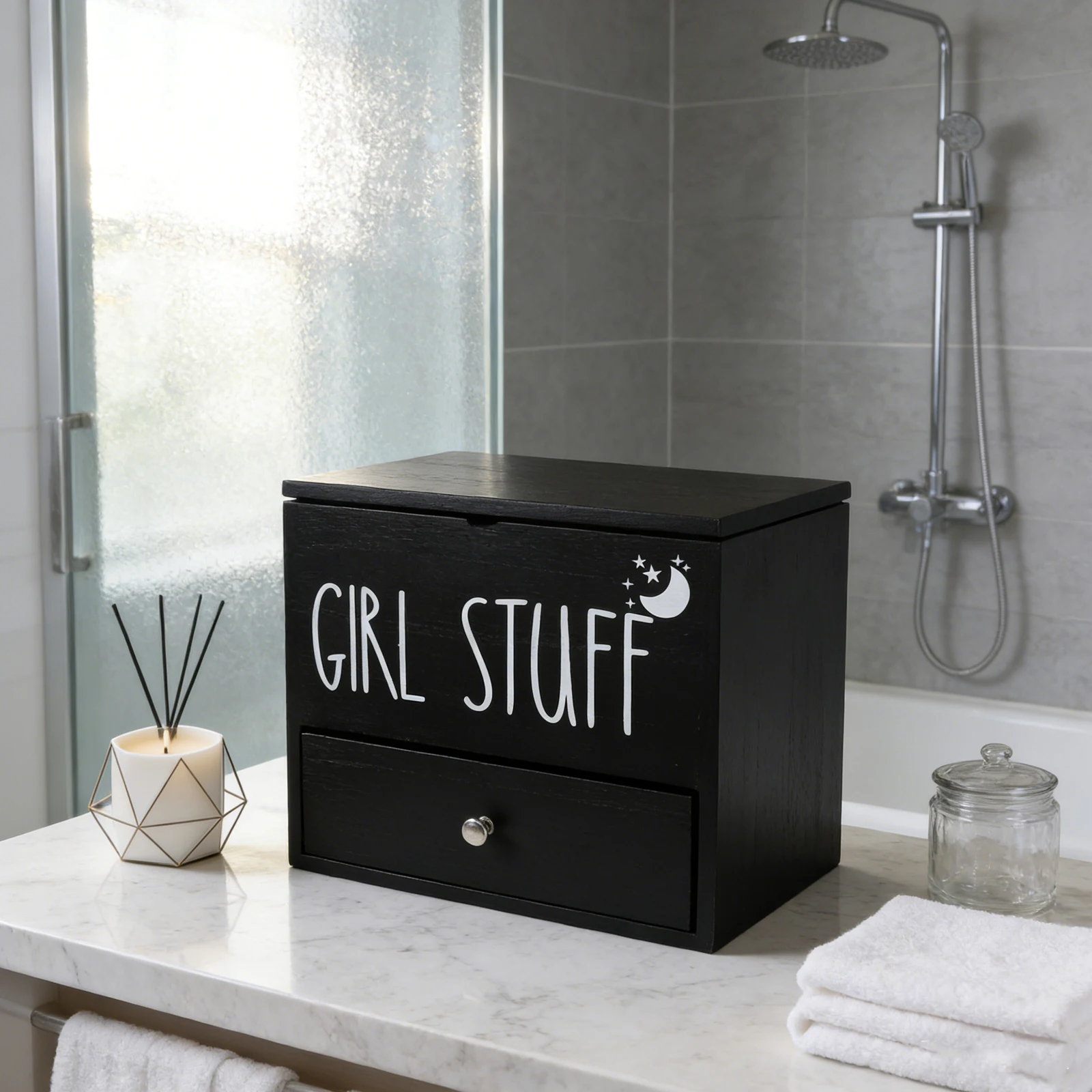 Wooden Tampon Holder with Moistureproof Lid Black Bathroom Pad Container Large Capacity Storage Box Feminine Product Organizer
Wooden Tampon Holder with Moistureproof Lid Black Bathroom Pad Container Large Capacity Storage Box Feminine Product Organizer