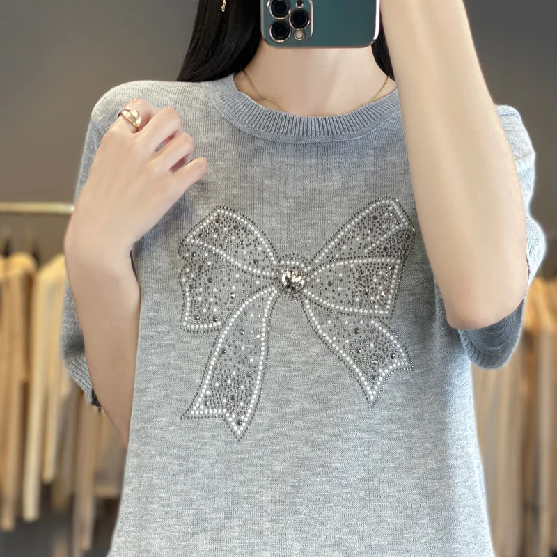 Summer Women's 100% Linen Knitted Sweater Five Sleeve Casual T-shirt Fashion Round Neck Tees Loose Blouse Diamond Set Tops
Summer Women's 100% Linen Knitted Sweater Five Sleeve Casual T-shirt Fashion Round Neck Tees Loose Blouse Diamond Set Tops