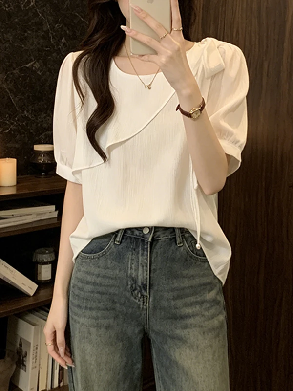 Elegant Summer Shirt for Women with Knot Short Sleeve Belly Covering Fashionable plus Size Korean Style Commute Wind
Elegant Summer Shirt for Women with Knot Short Sleeve Belly Covering Fashionable plus Size Korean Style Commute Wind