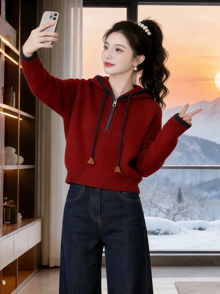 Trendy Street Show Elegantly Half Zip Hoodie Women's Spring Autumn High Sensation Lazy Style Drawstring Knitted Sweater
Trendy Street Show Elegantly Half Zip Hoodie Women's Spring Autumn High Sensation Lazy Style Drawstring Knitted Sweater